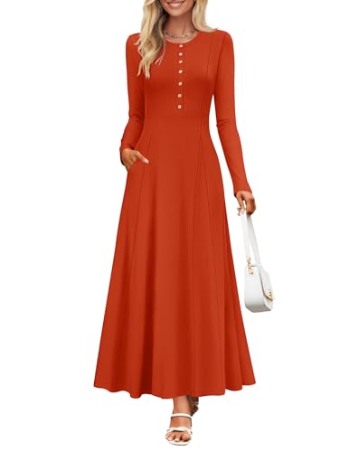 Image of ZESICA Women's Elegant Maxi Dresses 2026 Fall Long Sleeve Button Casual A Line Boho Flowy Dress with Pockets