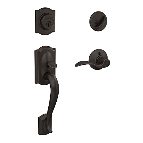 Image of Schlage F60 V CAM 716 ACC Camelot Front Entry Handleset with Accent Lever, Deadbolt Keyed 1 Side, Aged Bronze