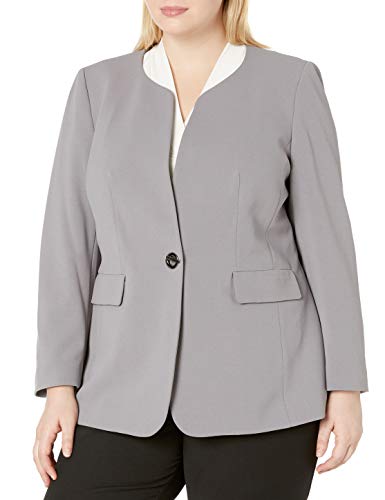 NINE WEST Women's Plus Size 1 Button Jewel Collar KISS Front Jacket, Steel, 16W