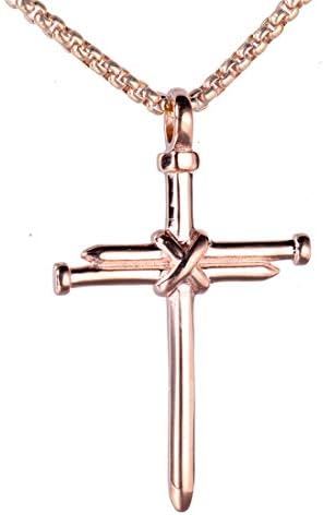 HIJONES Unisex'S Stainless Steel Nail Cross Charm Pendant Necklace Chain Polished Rose Gold