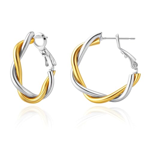 Hypoallergenic Gold and Silver Hoop Earrings for Women, Lightweight Twisted Designed, Mixed Metal with 925 Sterling Silver Post