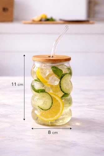 Image of Nuvelle Glass Mug Tumbler with Bamboo Lid and Straw 520ml, for Cold Drinks, Smoothies, Coffee | Ripple Wave Spiral Ring Cup | Coffee Glass Tumbler with Bamboo Lid and Straw (Light Gold)