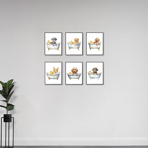 Yaneiro 6 Piece Dog Bathroom Wall Art Canvas Prints, Cute Puppy Bathtub with Rubber Duck Pictures, Funny Animal Pet Artwork for Kids Room Laundry Toilet Home Decor 8x10 inch Unframed by Yaneiro - Used condition - Image 4