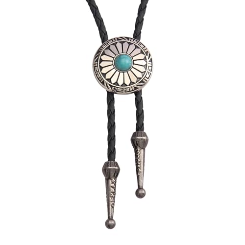Image of GelConnie Bolo Tie for Men Women Western Cowboy Turquoise Leather Necktie | Natural Stone Bolo Tie Necklace for Women Rodeo Cowboy Leather Necktie Native American Western Cowgirl Ties Adjustable Cord