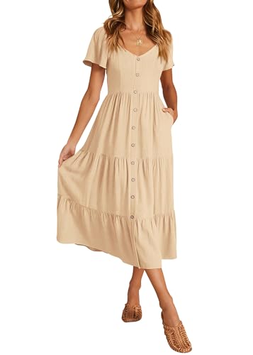 KIRUNDO Women 2025 Spring Summer Casual Short Sleeve Midi Dress Button V Neck Tiered Vacation Sundress with Pockets(Beige, X-Large)