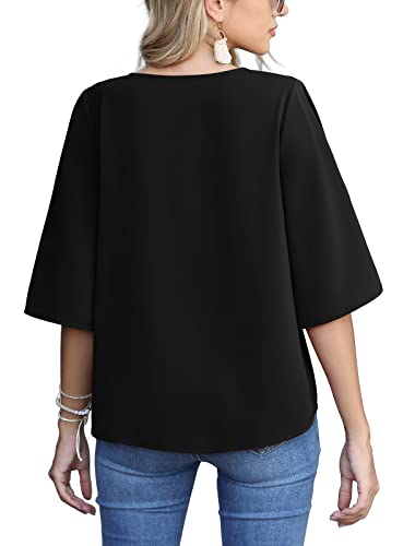 AWULIFFAN Women's Casual V Neck Batwing Sleeve Tops Tie Front Chiffon Blouses Button Down Shirts2