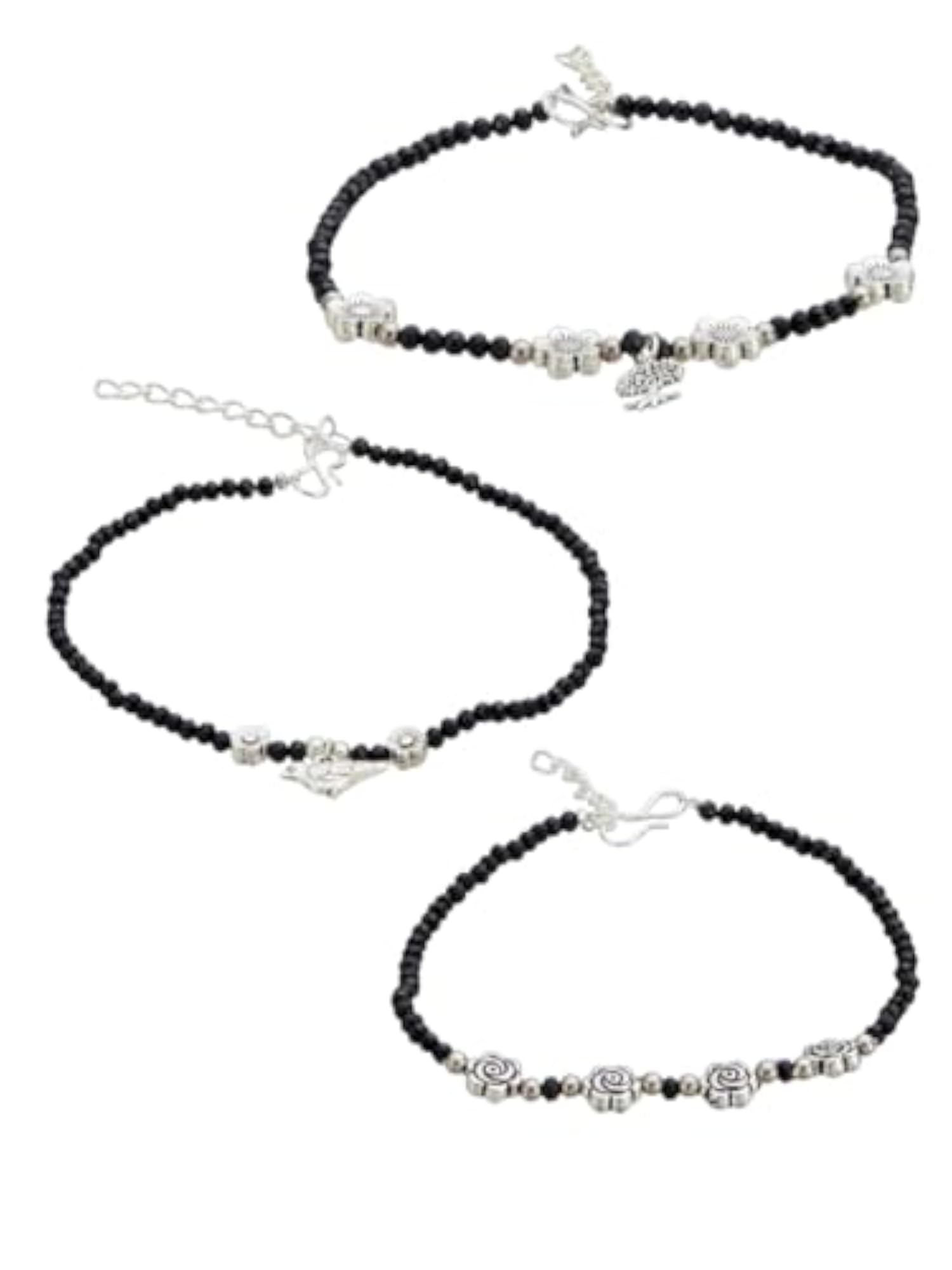 Set of 3 Silver Plated Floral & Bird Shaped Anklets