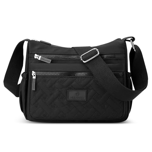 Sac bandoulière femme noir en polyester léger avec multiples poches zippées