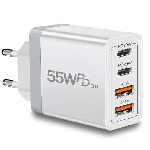 European Travel Plug Adapter USB C, 55W USB C European Charger 4-Port Fast Charger Type C Wall Charger USA to Europe Plug Adapter for iPhone 16 15 14 13 12 11 Pro Max XS X 8, Galaxy, Android