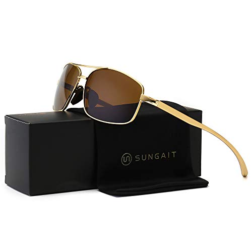 SUNGAIT Ultra Lightweight Rectangular Polarized Sunglasses UV400 Protection (Gold Frame Brown Lens, 62) Metal Frame SGT458 JKC-CA
