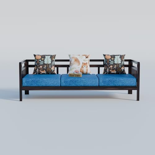 Image of Solid Sheesham Wood 5 Seater Sofa Set Without Centre Table for Living Room | Wooden 3+1+1 Five Seater Sofa Set with 5 Cushions | Modern Sofa Set for Home, Office & Lounge| Blue, Walnut Finish