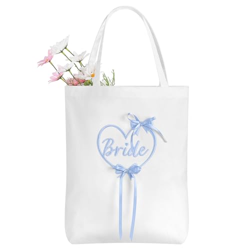 Etercycle Bride Tote Bag, Something Blue Bride Embroidery Bridal Shower Gifts, Canvas Wedding Purse Handbags With Zipper Pocket For Bachelorette Party Bridesmaid Honeymoon Bride To Be Decorations