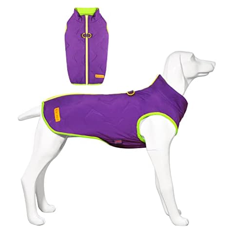 Dog Coat, Winter Dog Coat for Large Dogs, Thick Dog Jacket with Lead Hole and Zip with Reflective Edge, Warm Winter Coat for Small, Medium, Large Dogs, Purple with Green M Cover