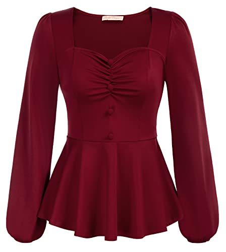 Belle Poque Damen Bluse Langarm Festlich Elegant Quadratischer Ausschnitt Peplum Festlich Passform Tops Oberteile Rotwein S Cover