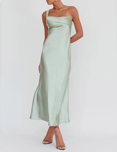 Image of 2026 Satin One Shoulder Maxi Dress for Women Summer Silk Formal Elegant Backless Ruffle Sleeveless Wedding Guest Dresses