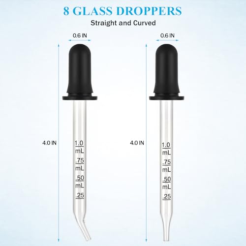Herain Eye Dropper 8 Pack, Glass Pipette Dropper, 1 ml Droppers Tool for Essential Oils, Crafts, Ear Eye, Lab, Measuring and Transferring a Variety of Liquids, Bent & Straight Tips