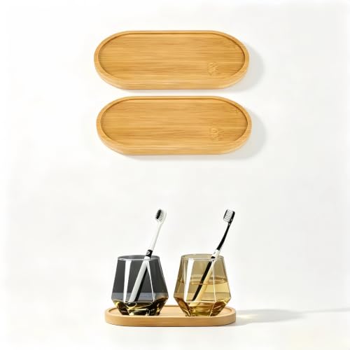 Bamboo Tray 2-Pack - Bathroom Tray for Bathroom Bamboo Vanity Tray Natural Wood Vanity Decor (6.88 x 3.46)