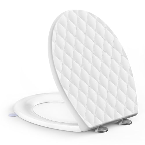 SREWOHS PRO Abattant WC Forme O avec Frein de Chute Blanc, Siège WC Motif Losange, Couvercle WC Amovible Quick Release, Fixation par le Dessus, Gabarit...