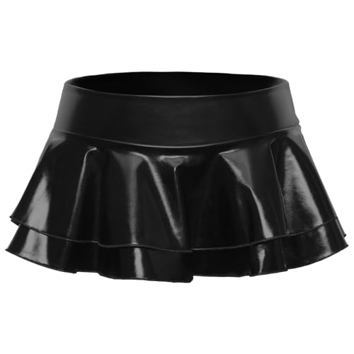 Black Latex Metallic Skirt PU Leather Skirt Short Double Layered