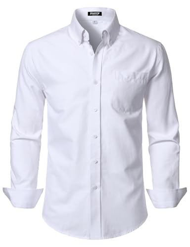 JEMITOP Mens Classic Lightweight Oxford Button Down Collar Shirts Business Casual Slim Fit Long Sleeve Dress Shirt with Pocket White L
