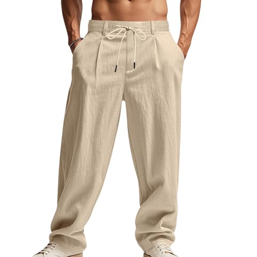 Mens Loose Fit Casual Linen Pants Elastic Drawstring Waist Straight Legged Lightweight for Yoga and Beach