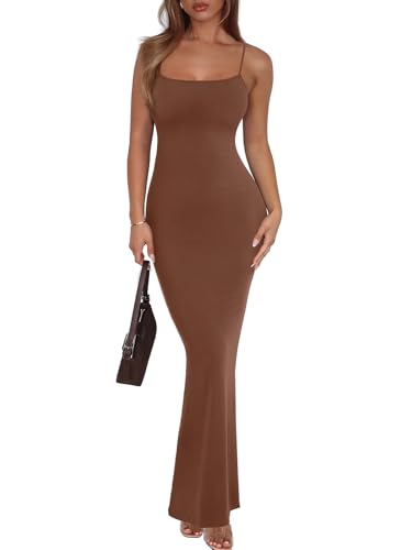 REORIA Ribbed Slip Maxi Dress Coffee