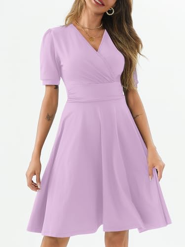 Image of Women's Summer Casual Dress Short Sleeve Wrap V-Neck A-Line Dress Sundress Wedding Guest Cocktail Midi Dresses