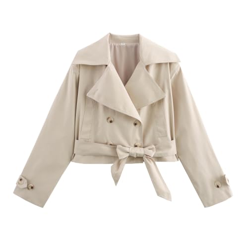Womens Short Cropped Trench Coat With Bow Belt Lapel Double Breasted Short Jacket Outwear