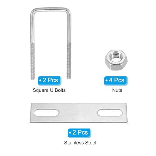 Image of PATIKIL M8x50x100mm Square U-Bolts Kit, 2Set 304 Stainless Steel Square U Shaped Bolts Replacement Parts with Frame Plates and Nuts for Ski Board Sailboat Trailer