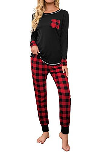 Fuakesor Damen Schlafanzug Lang Pyjama Set Herbst Winter Nachtwäsche Zweiteiliger Sleepwear Soft Loungewear Hausanzug mit Karierte Hose (Rot schwarz,...