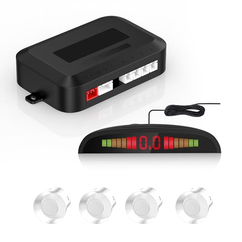 Car Auto Vehicle Reverse Backup Sensor System with 4 Parking Sensors Distance Detection + Sound Warning + LED Distance Display (White Color)