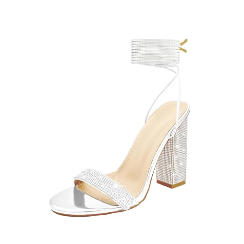 Women's Sparkly Rhinestones Sandals for Women Ankle Strappy Chunky Block Heels Sandals