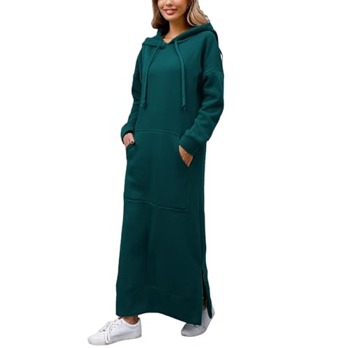 PODOLIXIA Hoodie Damen Kapuzenpullover Herbst Winter Warm Sweatshirtkleid Langarm Sweatshirt Pullover Casual Langes Maxi Kleid mit Taschen