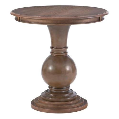 MAKLAINE Round Accent Table 26.5 High Engineered Wood Rustic Natural Finish Turned Pedestal Stepped Base Compact Design Decorative Display or End Table for Living Room Bedroom Small Spaces