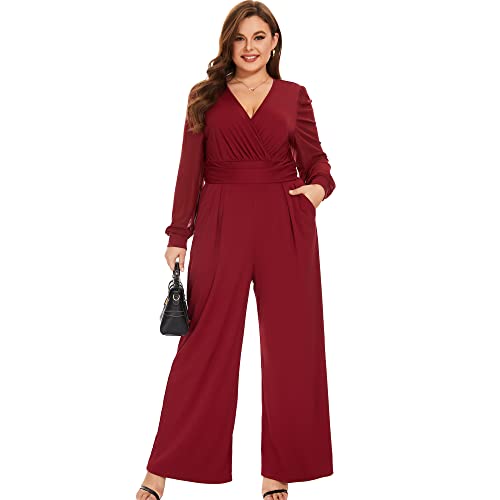 Tanmolo Formal Jumpsuits For Women Plus Size Deep V-Neck Holiday Romper Womens Jumpsuits With Pockets,Burgundy 1Xl #TOP3