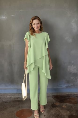 2 Piece Mother of Bride Pant Suits for Wedding Chiffon Short Sleeves Women Tiered Ruffles Formal Dressy Outfits LM043
