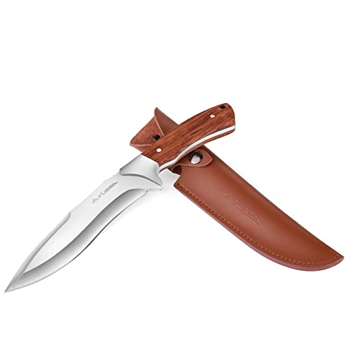 FLISSA Hunting Knife with Leather Sheath, 11-5/8 inch Fixed Blade Full-Tang Construction, Ergonomic Wood Handle Knife for Outdoor Survival, Camping, Hiking, Brushcraft, Gift for Dad Husband