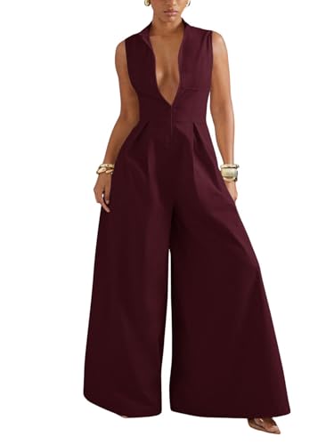 Verdusa Womens Zip Up Wide Leg Jumpsuits Sleeveless One Piece Jumpsuit Formal Dressy Casual Spring Outfits Burgundy Medium