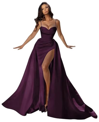 Women's Spaghetti Strap Satin Prom Dress Long Pleated Mermaid Formal Evening Dress with Slit