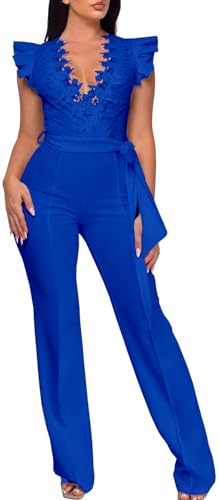 Image of PaladMom Womens Elegant Plus Size Jumpsuits Sexy Back zipper Short Sleeve Mid Waist Wide Leg Straight Rompers