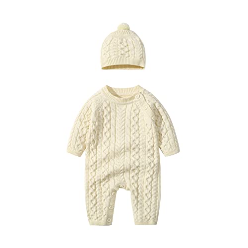 Ropa de bebé recién nacido para niño, mono de manga larga de primavera y otoño, suéter de punto, gorro, atuendo, beige, 3-6 meses