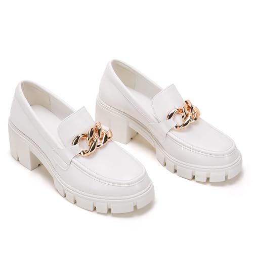 Image of TINSTREE Platform Loafers for Women with Chain Comfort Chunky Heel Slip On Round Toe Business Work Shoes