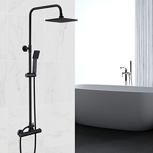 AICA sanitaire Noir mat Colonne de Douche Thermostatique Hauteur Réglable pour Salle de Bain, Ensemble de Douche avec Mitigeur et pommeau carré Cover