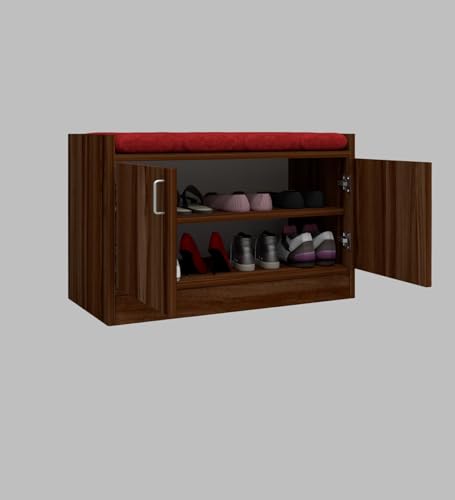 Image of SPECIALITY PANELS 2 Door Shoe Rack with Cushion | 2 Door Shoe Cabinet with Storage Bench | Shoe Organizer for Entryway Home | 75 x 49 x 37.5 cm Storage | DIY Assembly | Brown Finish with Red Cushion