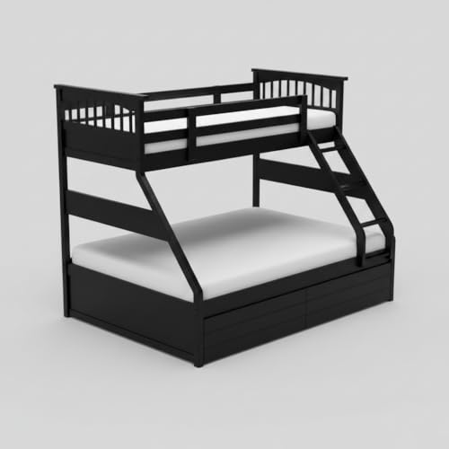 Image of APRODZ Haven Queen Size Solid Wood Bunk Bed with 2 Drawer Storage | Wooden Twin Over Bed with Ladder for Kids' Room Bedroom Living Room Home (Black Finish)