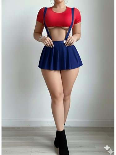 Image of Women's Sexy Schoolgirl Cosplay Babydoll - Red Crop Top & Black, Navy & Royal Pleated Suspender Skirt - Cute Roleplay Babydoll Outfit