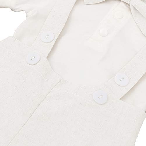 Baby Boys Formal Suit Gentleman Bowtie + Summer Short Sleeve Romper + Suspenders Shorts Button Bib Pants Wedding Tuxedo Outfits 1st/2nd Birthday Cake Smash Christening Clothes 3pcs Set White 6-12M
