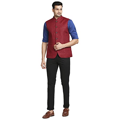 Image of Colorplus Men's Tailored Fit Pure Linen Stand Collar Yarn Dyed Pattern Full Sleeve Dark Red Casual Blazer