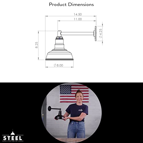 Steel Lighting Co. Hawthorne Barn Light | Outdoor Wall Mounted | 8 Inch Dome | 11 Inch Straight Arm| Small Farmhouse Light Made In America | Matte Black Exterior/White Interior #TOP1