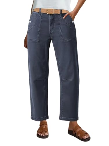 Flamingals Straight Mid Waist Barrel Pants Casual Button Fly Cropped Pants for Women